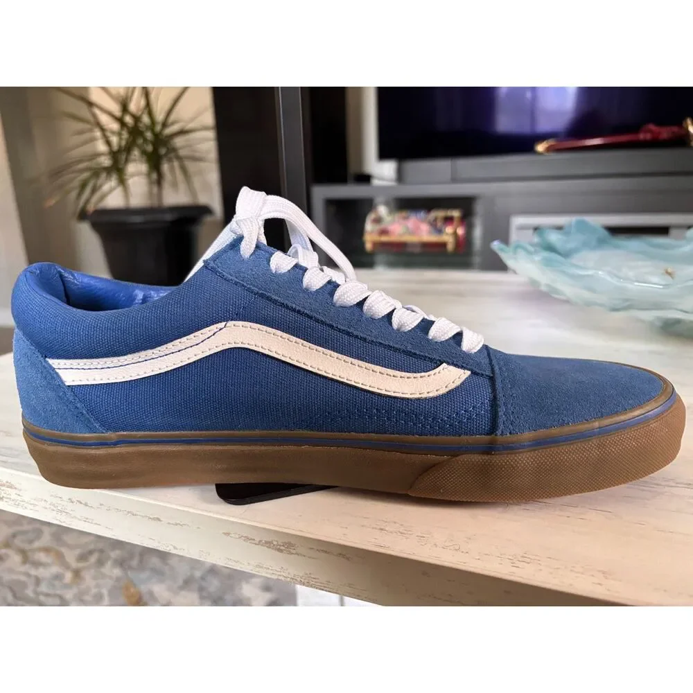Vans Old Skool Blue Canvas Skate Shoes with White Stripe & Gum Sole Sz 10